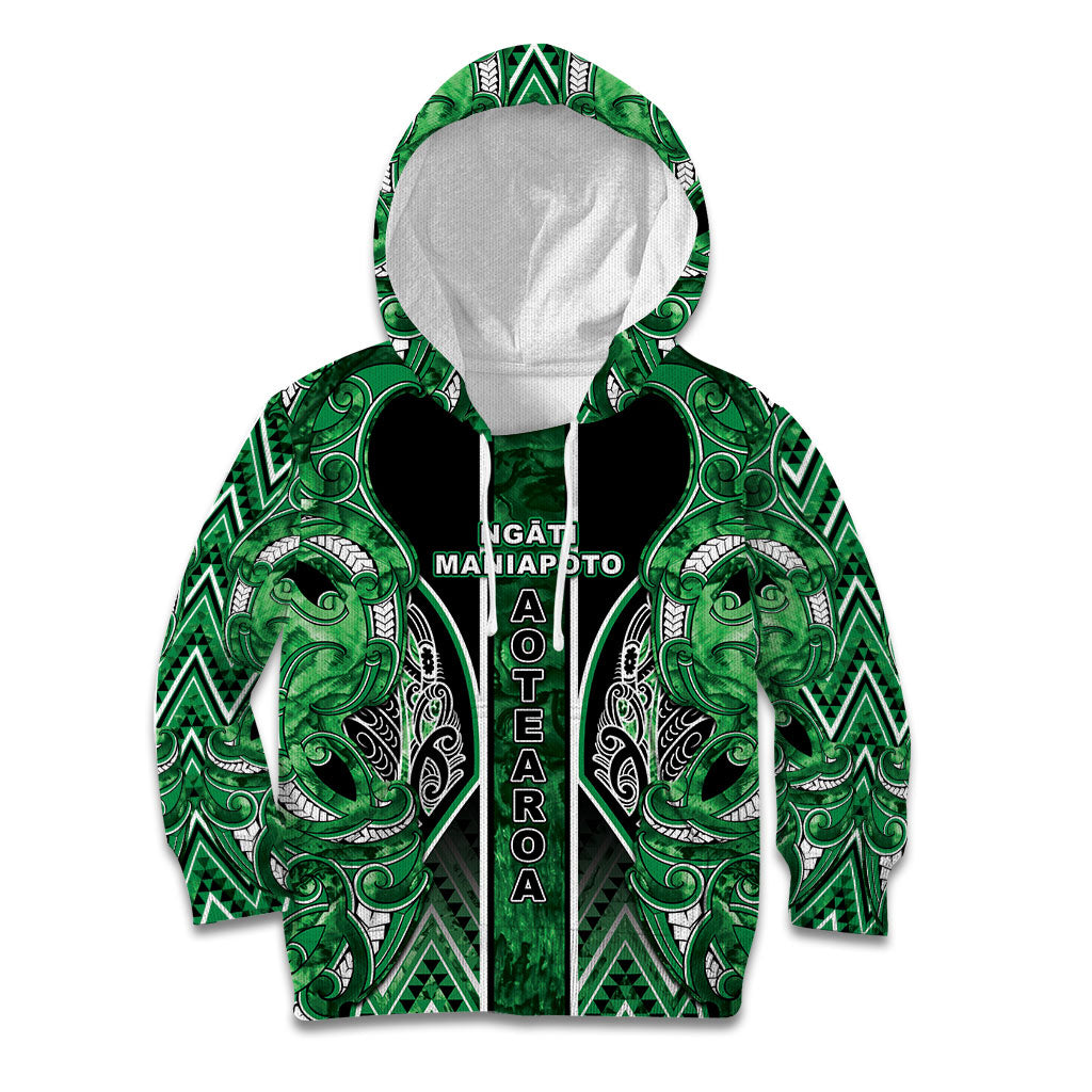 Aotearoa Ngati Maniapoto Kid Hoodie Maori Tribal Green Paua Shell Pattern