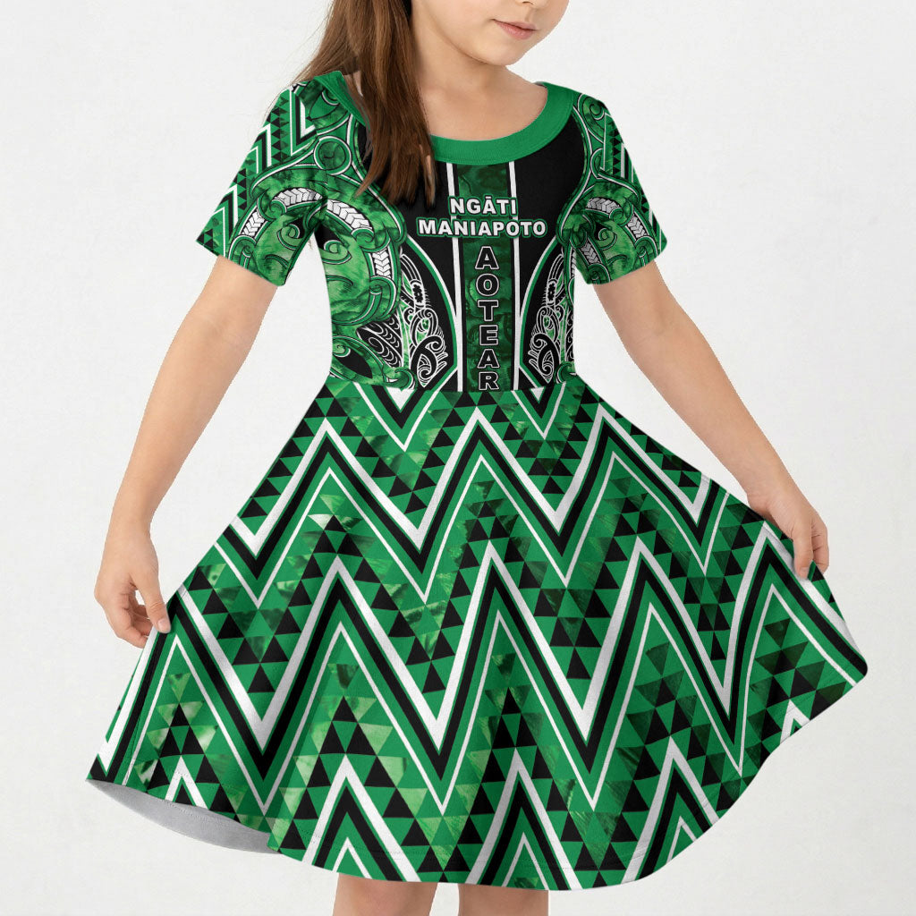 Aotearoa Ngati Maniapoto Kid Short Sleeve Dress Maori Tribal Green Paua Shell Pattern