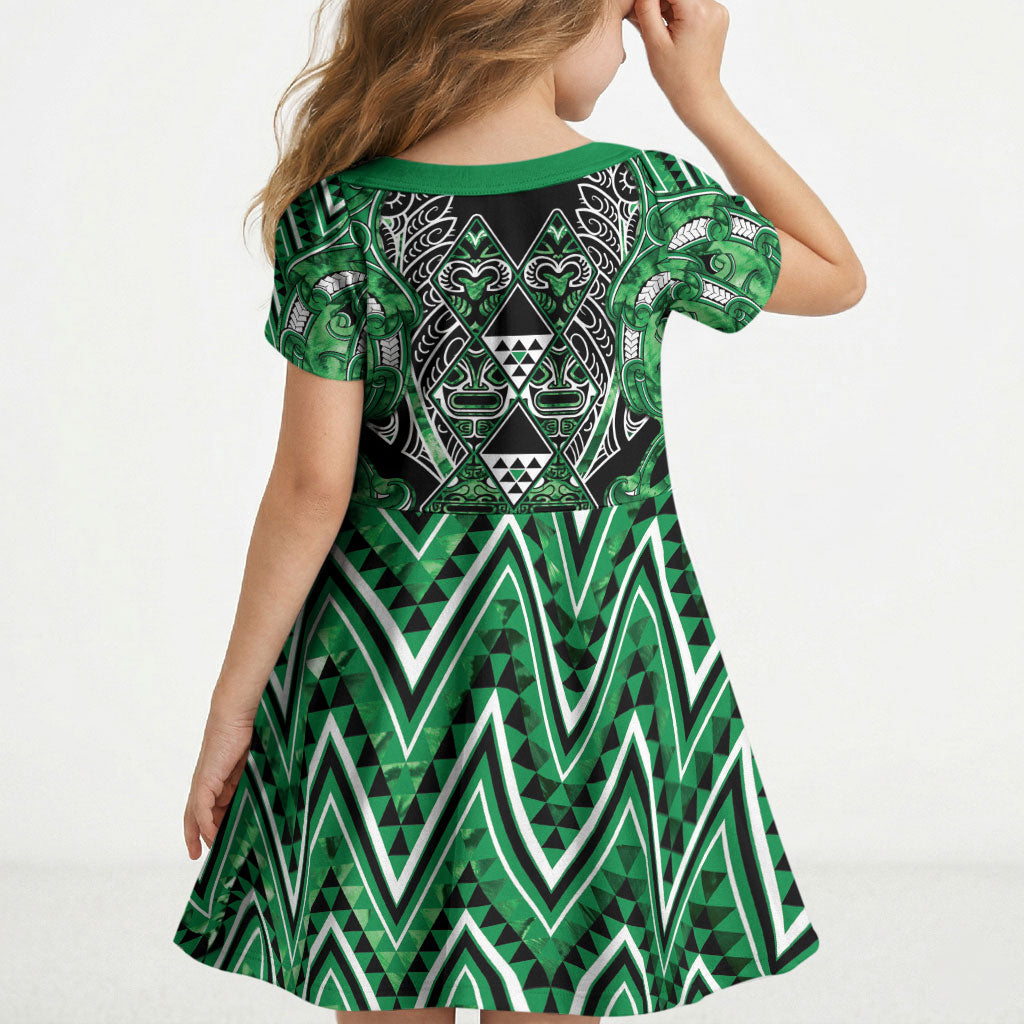 Aotearoa Ngati Maniapoto Kid Short Sleeve Dress Maori Tribal Green Paua Shell Pattern