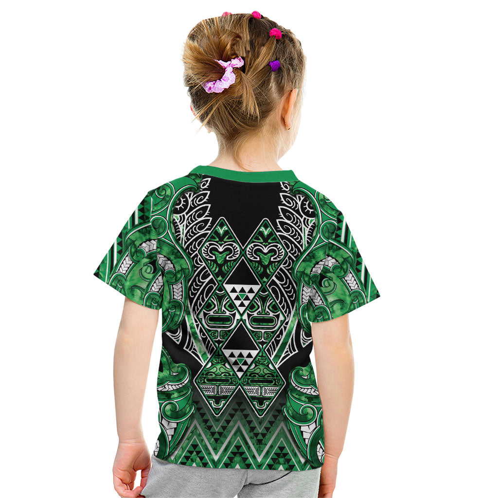 Aotearoa Ngati Maniapoto Kid T Shirt Maori Tribal Green Paua Shell Pattern
