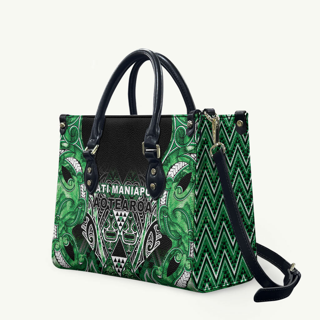 Aotearoa Ngati Maniapoto Leather Bag Maori Tribal Green Paua Shell Pattern