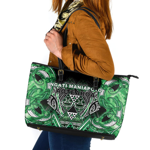 Aotearoa Ngati Maniapoto Leather Tote Bag Maori Tribal Green Paua Shell Pattern