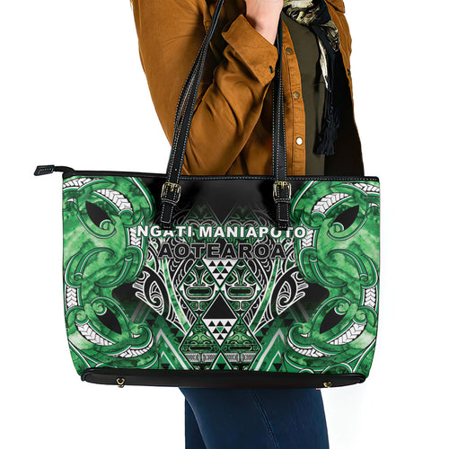 Aotearoa Ngati Maniapoto Leather Tote Bag Maori Tribal Green Paua Shell Pattern