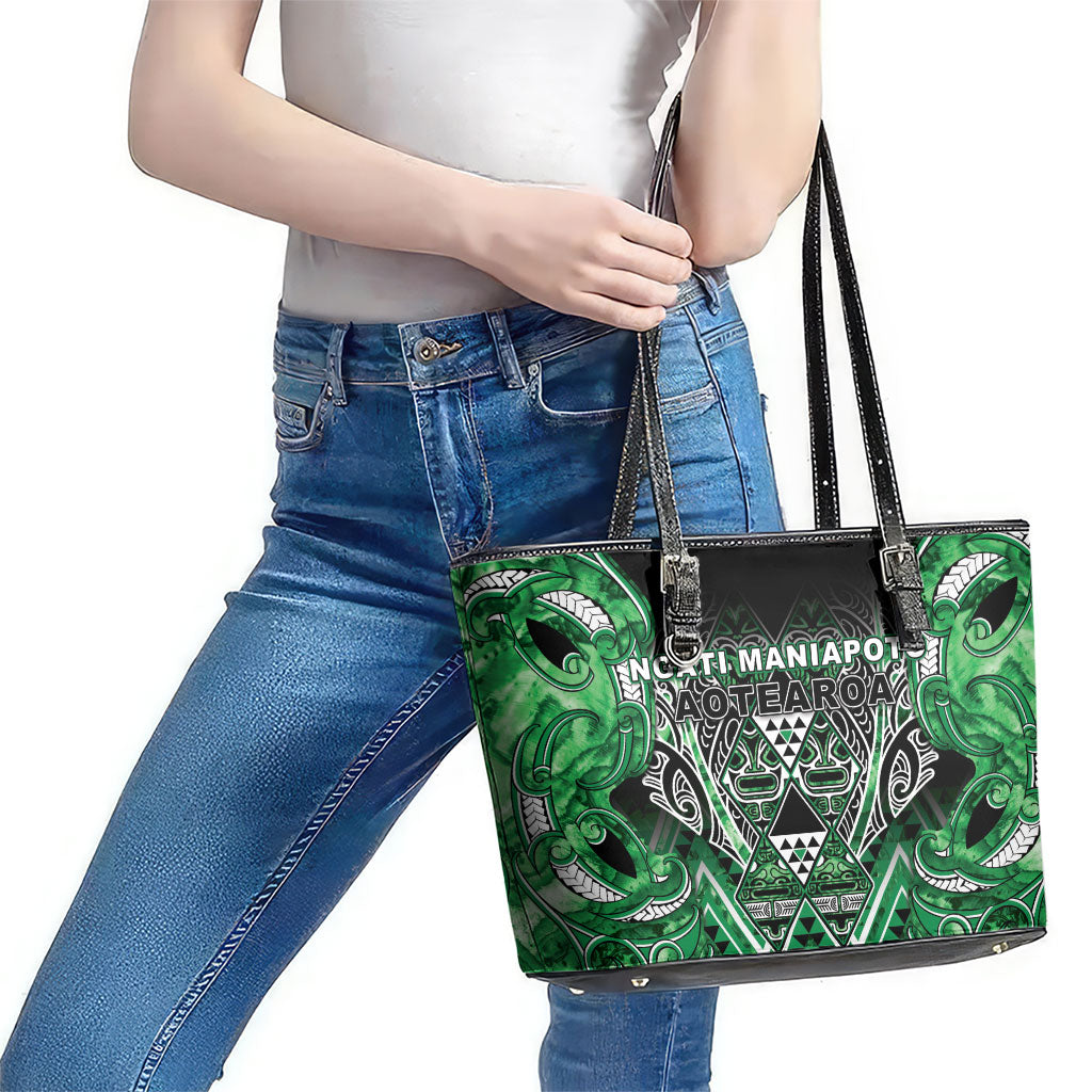 Aotearoa Ngati Maniapoto Leather Tote Bag Maori Tribal Green Paua Shell Pattern
