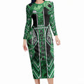 Aotearoa Ngati Maniapoto Long Sleeve Bodycon Dress Maori Tribal Green Paua Shell Pattern