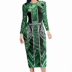 Aotearoa Ngati Maniapoto Long Sleeve Bodycon Dress Maori Tribal Green Paua Shell Pattern