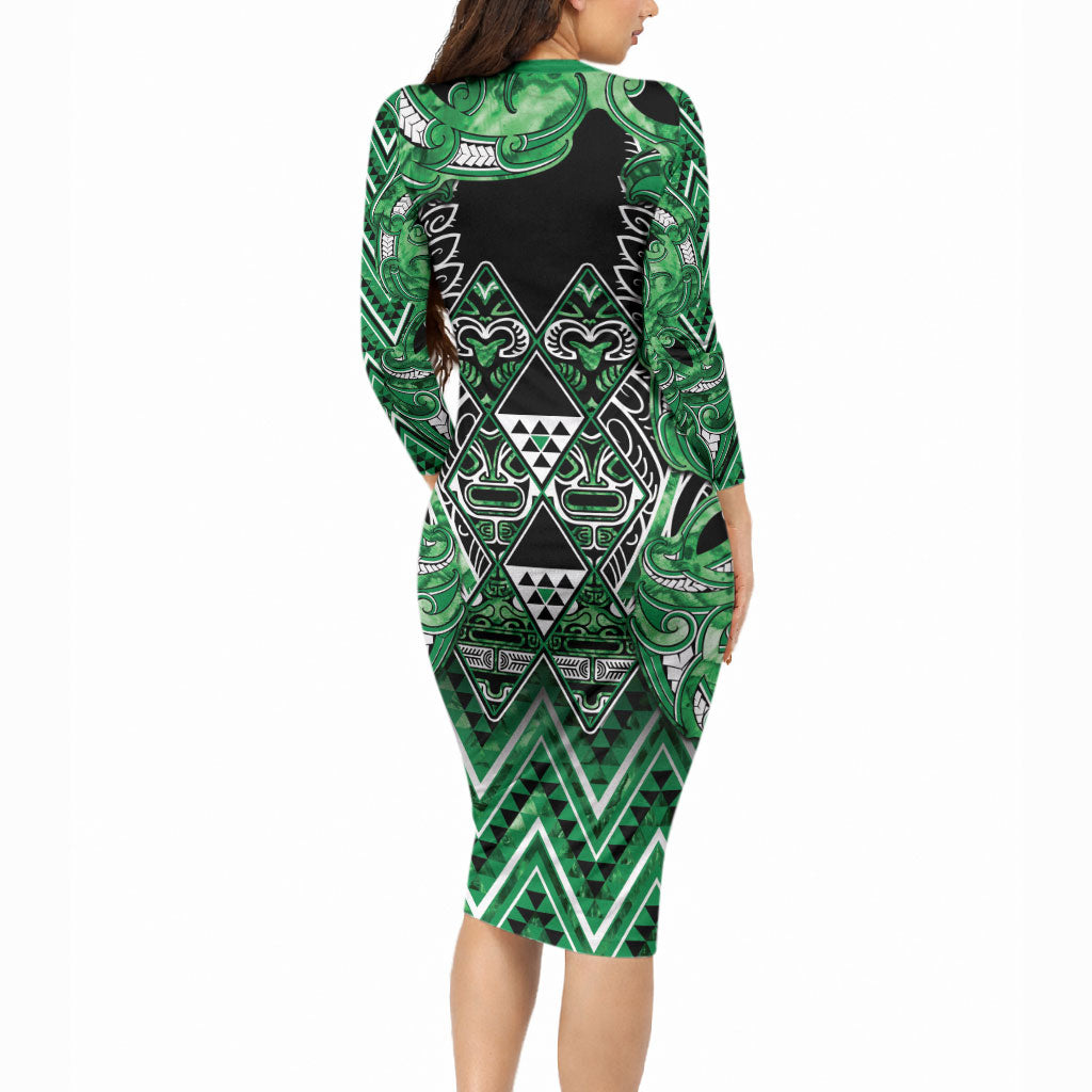 Aotearoa Ngati Maniapoto Long Sleeve Bodycon Dress Maori Tribal Green Paua Shell Pattern