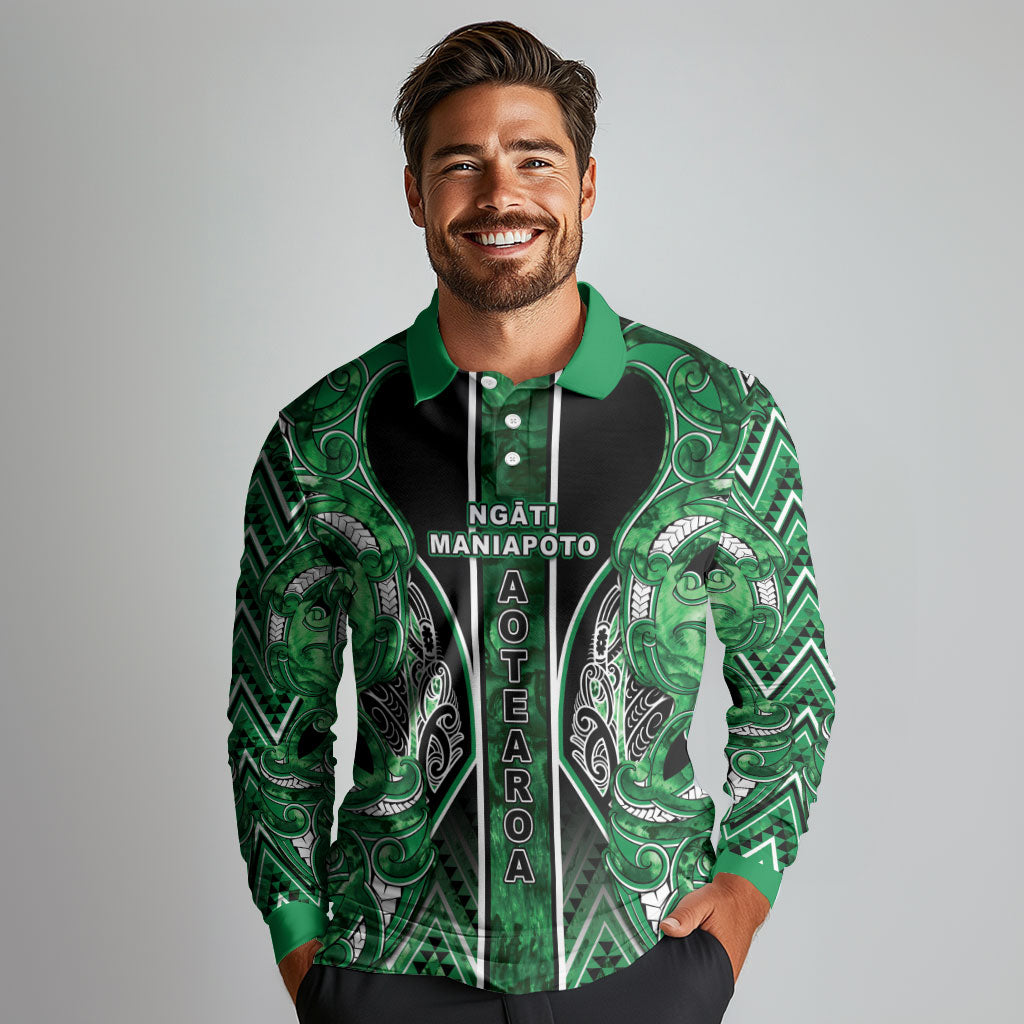 Aotearoa Ngati Maniapoto Long Sleeve Polo Shirt Maori Tribal Green Paua Shell Pattern