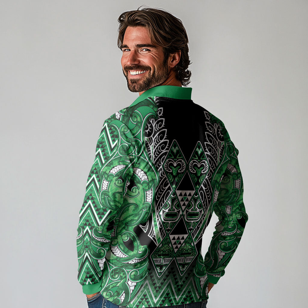 Aotearoa Ngati Maniapoto Long Sleeve Polo Shirt Maori Tribal Green Paua Shell Pattern