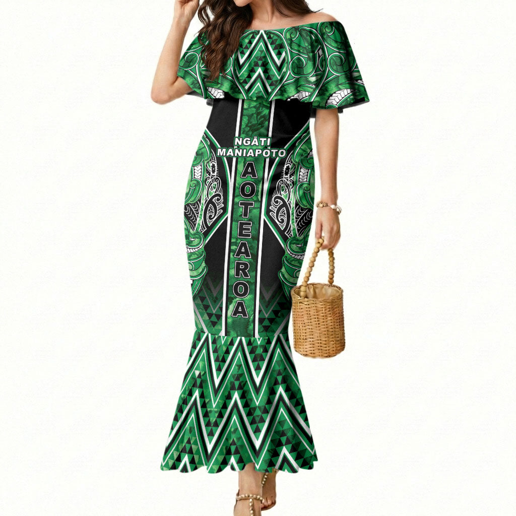Aotearoa Ngati Maniapoto Mermaid Dress Maori Tribal Green Paua Shell Pattern