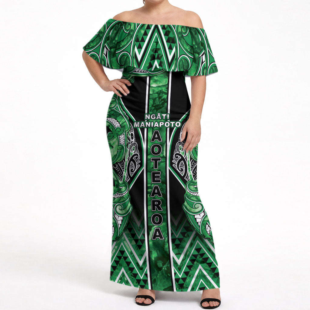 Aotearoa Ngati Maniapoto Off Shoulder Maxi Dress Maori Tribal Green Paua Shell Pattern
