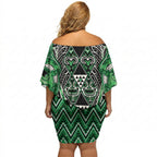 Aotearoa Ngati Maniapoto Off Shoulder Short Dress Maori Tribal Green Paua Shell Pattern