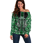 Aotearoa Ngati Maniapoto Off Shoulder Sweater Maori Tribal Green Paua Shell Pattern