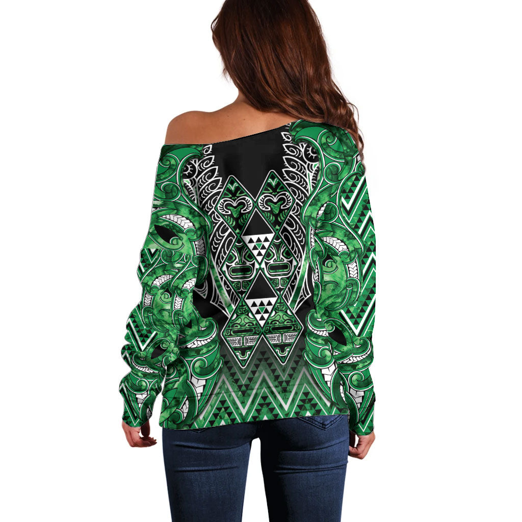 Aotearoa Ngati Maniapoto Off Shoulder Sweater Maori Tribal Green Paua Shell Pattern