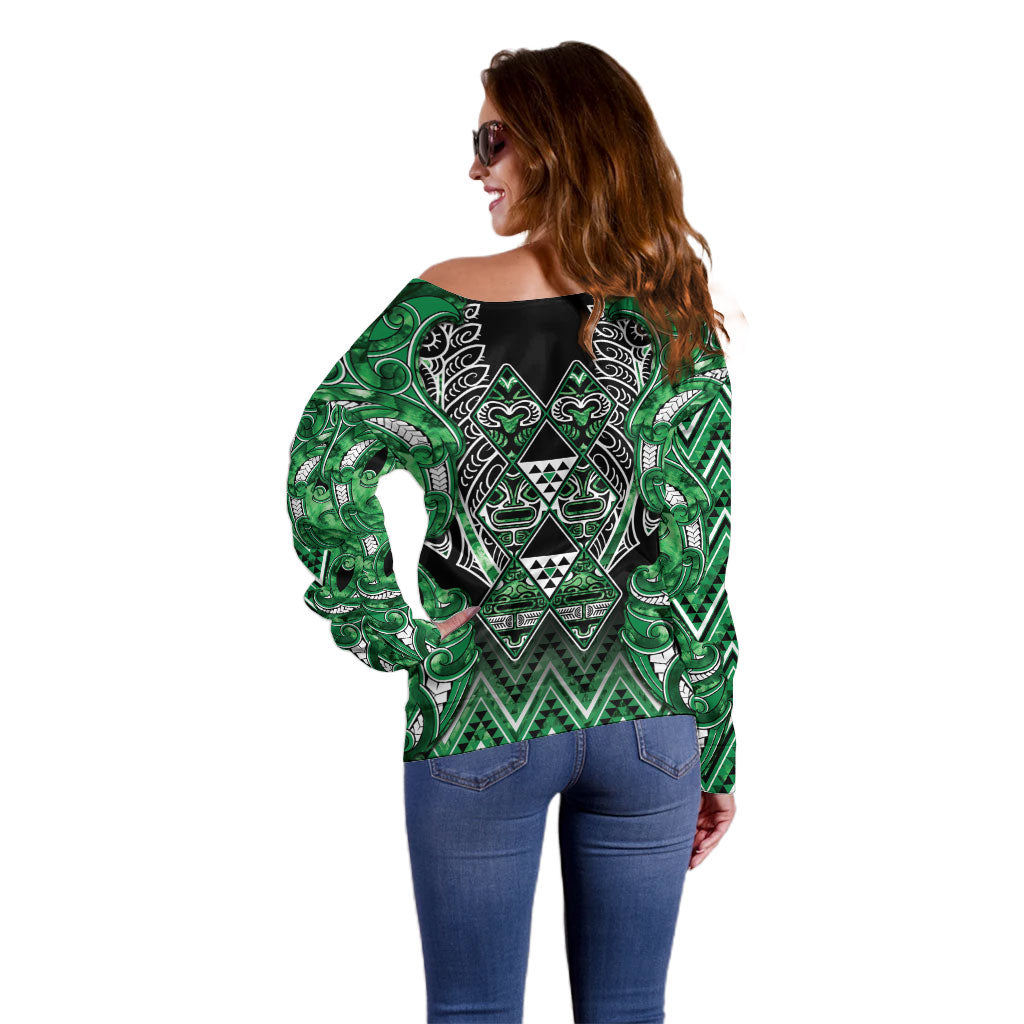 Aotearoa Ngati Maniapoto Off Shoulder Sweater Maori Tribal Green Paua Shell Pattern