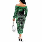 Aotearoa Ngati Maniapoto Off The Shoulder Long Sleeve Dress Maori Tribal Green Paua Shell Pattern