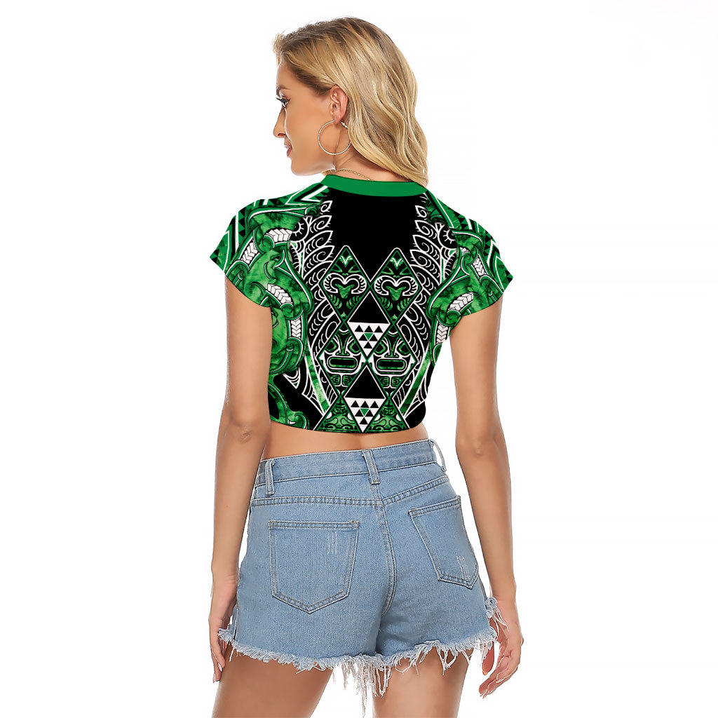 Aotearoa Ngati Maniapoto Raglan Cropped T Shirt Maori Tribal Green Paua Shell Pattern
