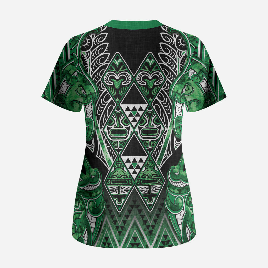 Aotearoa Ngati Maniapoto Scrub Top Maori Tribal Green Paua Shell Pattern