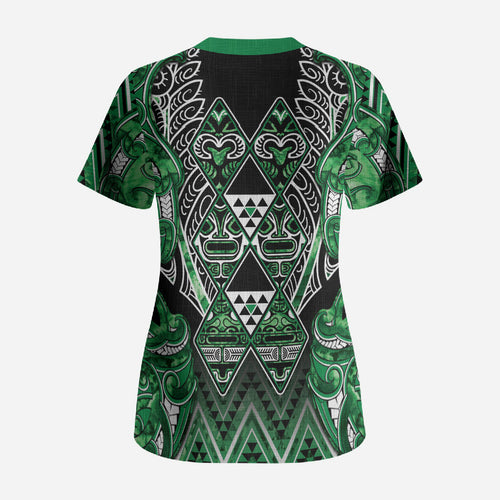 Aotearoa Ngati Maniapoto Scrub Top Maori Tribal Green Paua Shell Pattern