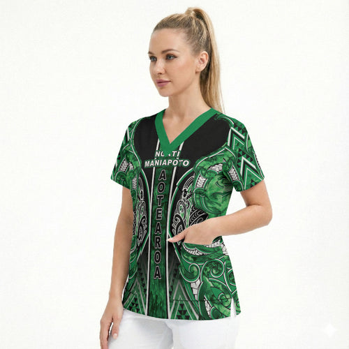 Aotearoa Ngati Maniapoto Scrub Top Maori Tribal Green Paua Shell Pattern