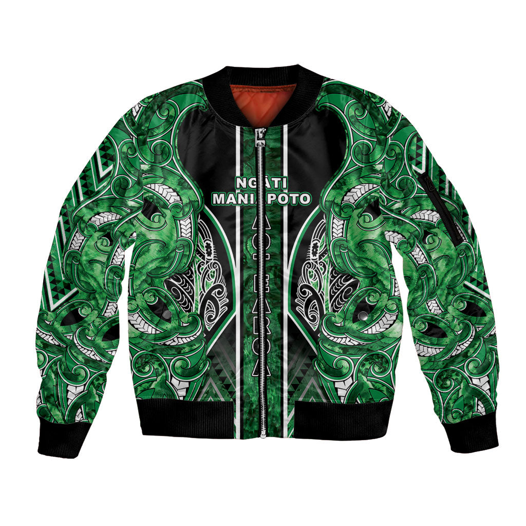 Aotearoa Ngati Maniapoto Sleeve Zip Bomber Jacket Maori Tribal Green Paua Shell Pattern