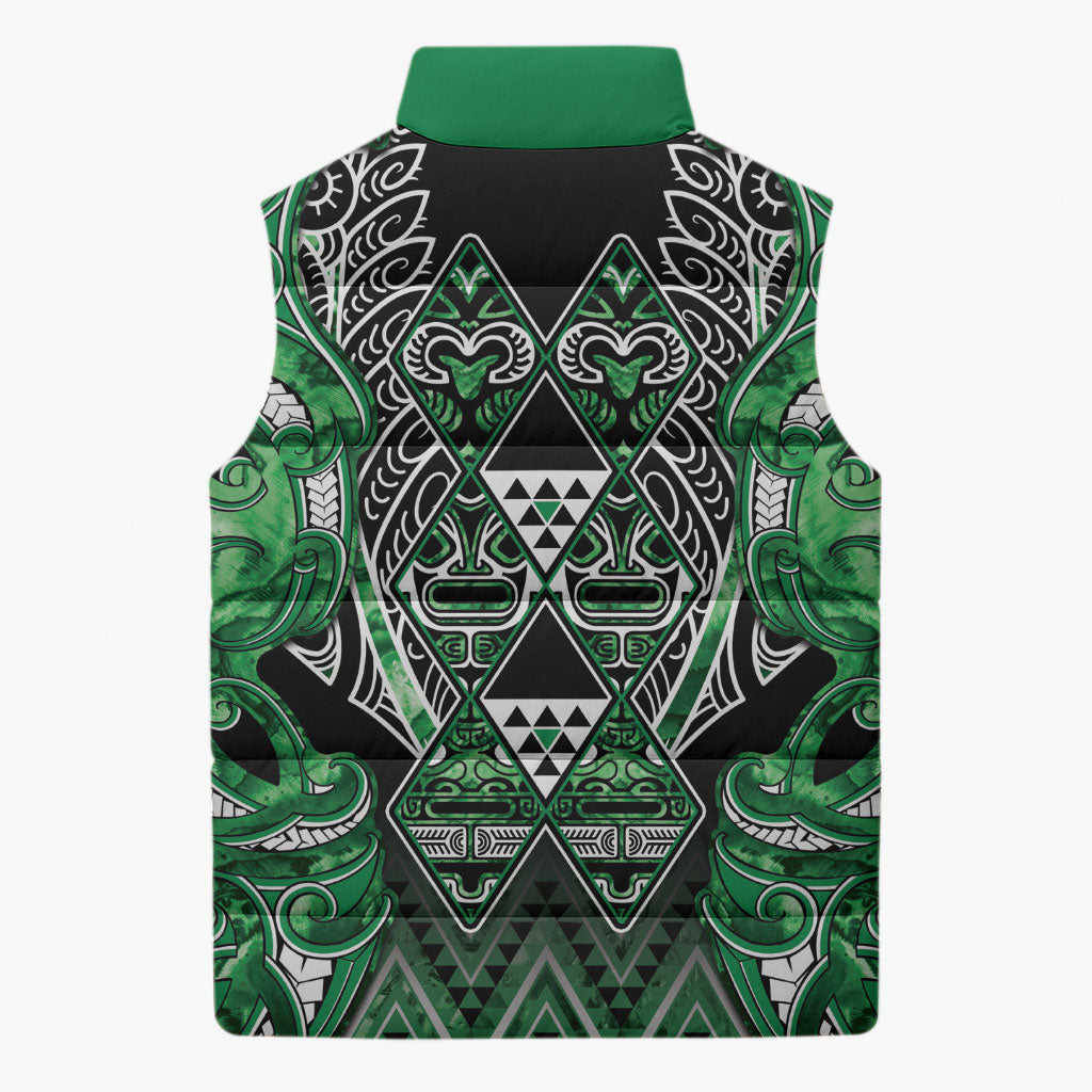 Aotearoa Ngati Maniapoto Sleeveless Puffer Jacket Maori Tribal Green Paua Shell Pattern