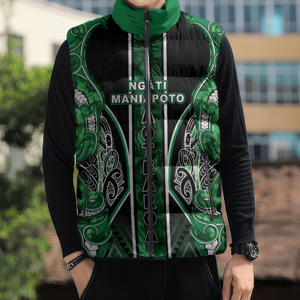Aotearoa Ngati Maniapoto Sleeveless Puffer Jacket Maori Tribal Green Paua Shell Pattern