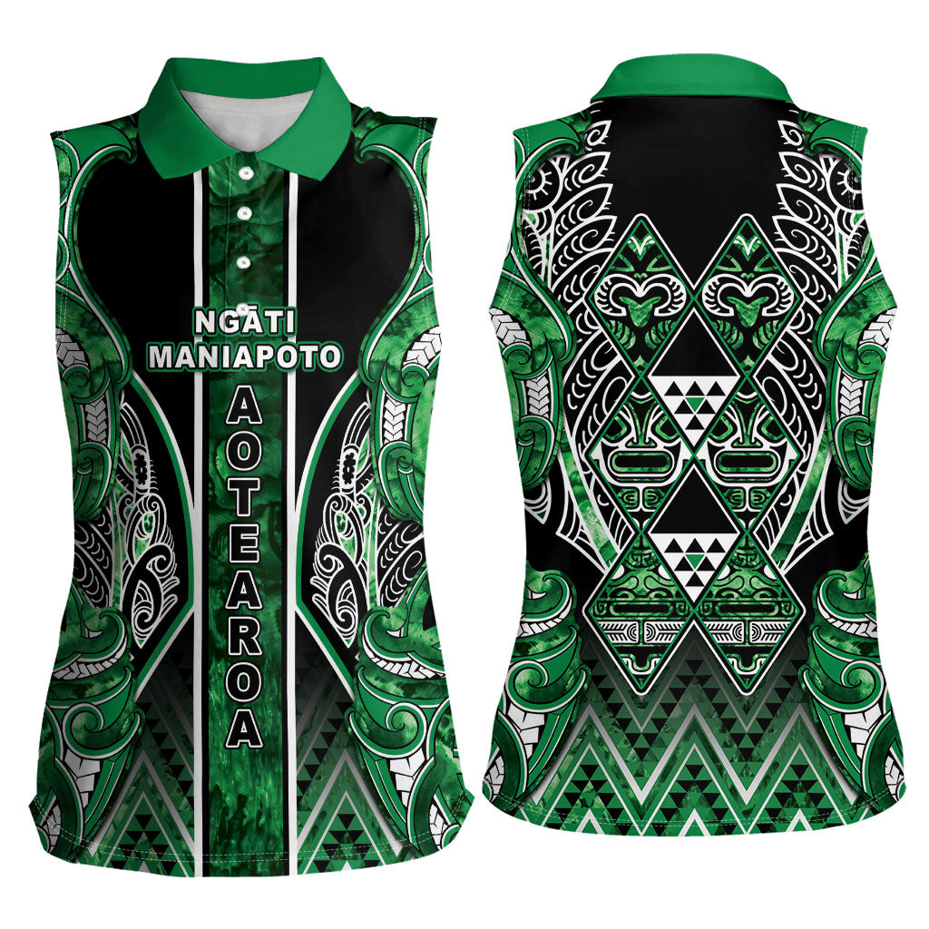 Aotearoa Ngati Maniapoto Women Sleeveless Polo Shirt Maori Tribal Green Paua Shell Pattern