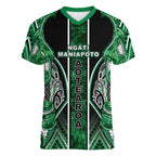 Aotearoa Ngati Maniapoto Women V-Neck T-Shirt Maori Tribal Green Paua Shell Pattern