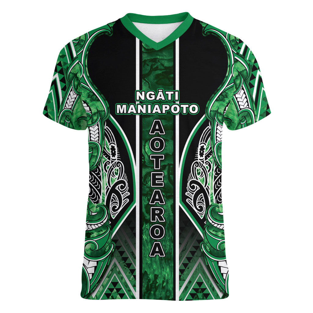 Aotearoa Ngati Maniapoto Women V-Neck T-Shirt Maori Tribal Green Paua Shell Pattern