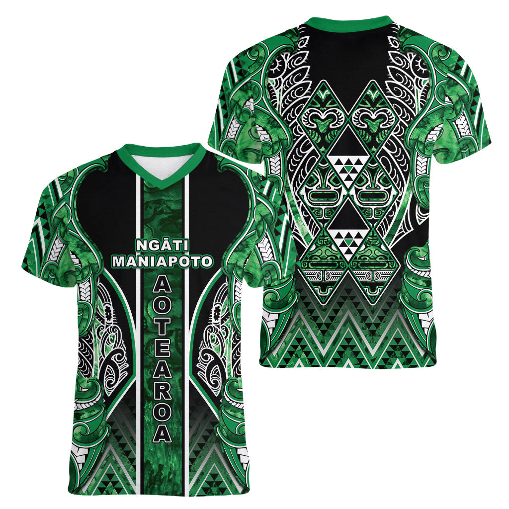 Aotearoa Ngati Maniapoto Women V-Neck T-Shirt Maori Tribal Green Paua Shell Pattern