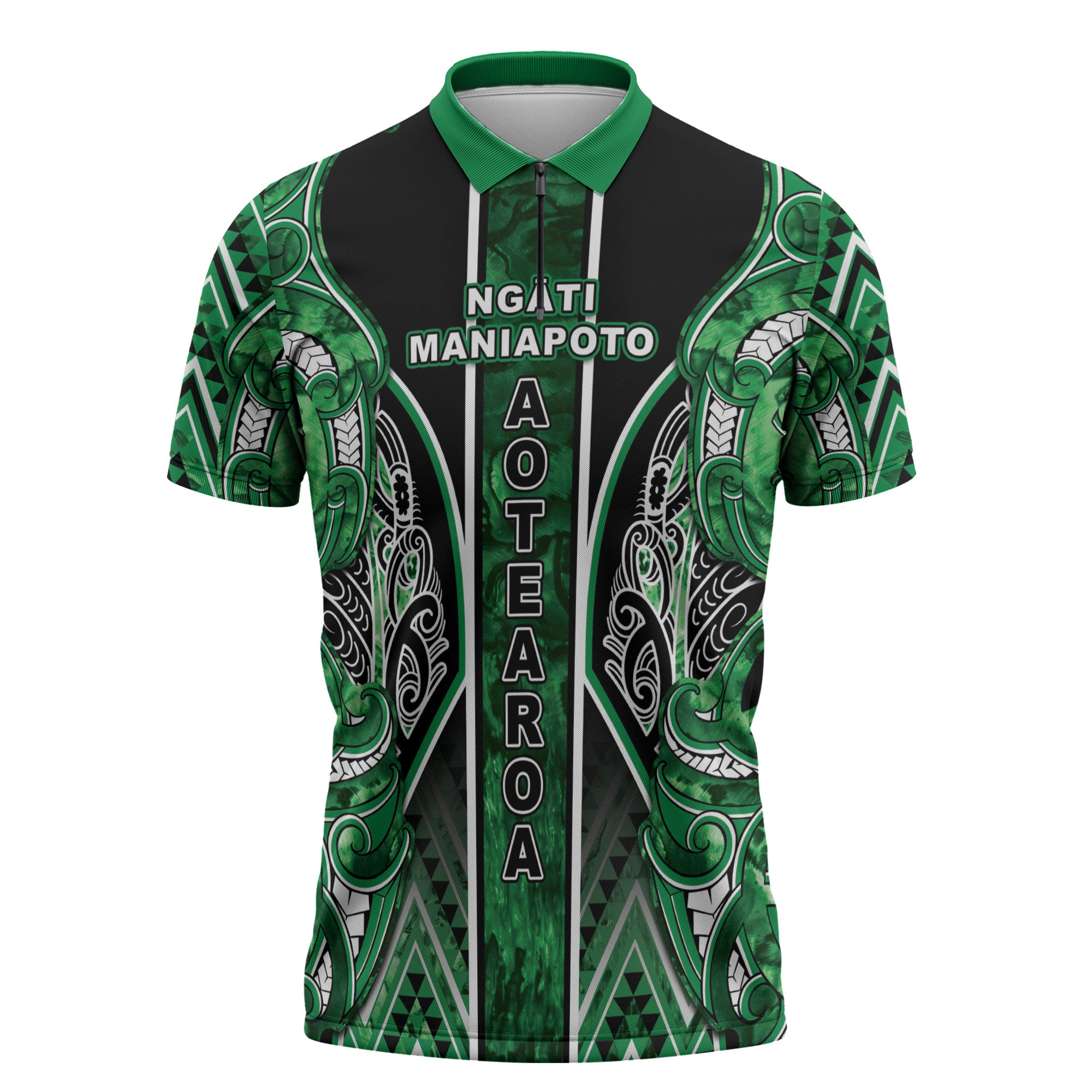 Aotearoa Ngati Maniapoto Zipper Polo Shirt Maori Tribal Green Paua Shell Pattern