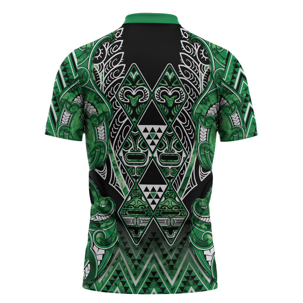 Aotearoa Ngati Maniapoto Zipper Polo Shirt Maori Tribal Green Paua Shell Pattern