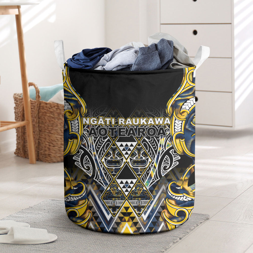 Aotearoa Ngati Raukawa Laundry Basket Maori Tribal Yellow And Navy Paua Shell Pattern