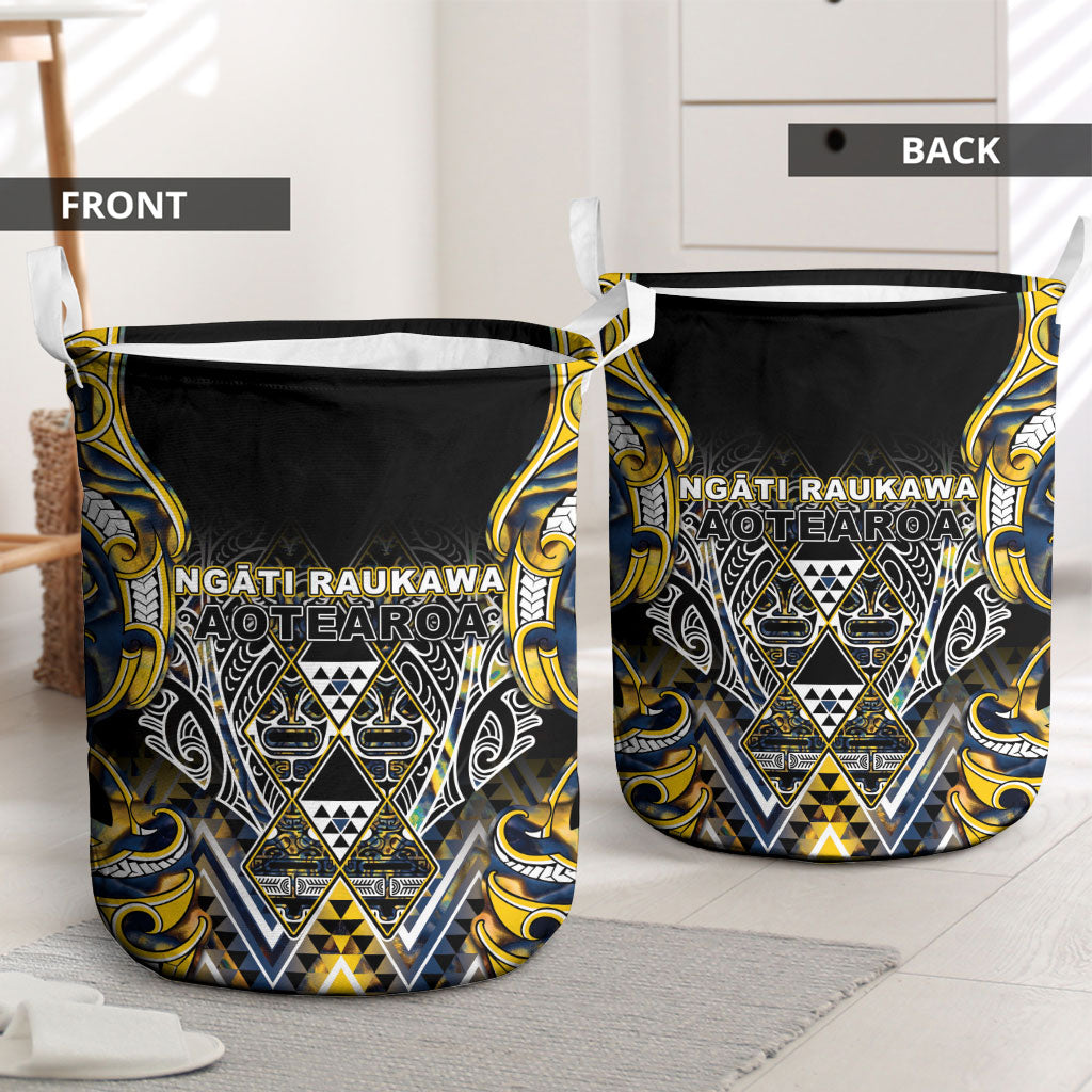 Aotearoa Ngati Raukawa Laundry Basket Maori Tribal Yellow And Navy Paua Shell Pattern