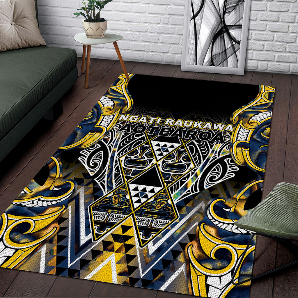 Aotearoa Ngati Raukawa Area Rug Maori Tribal Yellow And Navy Paua Shell Pattern