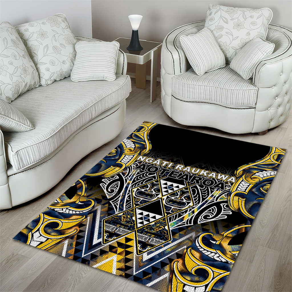 Aotearoa Ngati Raukawa Area Rug Maori Tribal Yellow And Navy Paua Shell Pattern