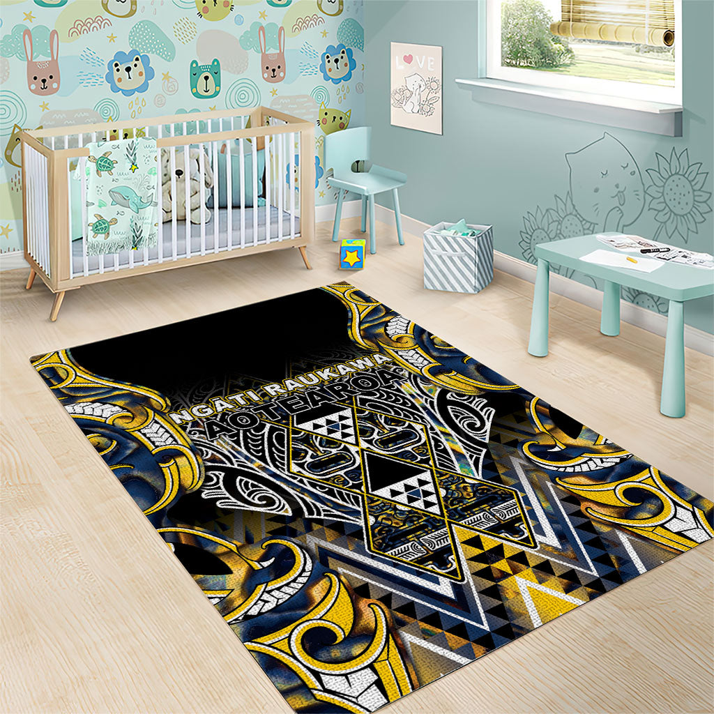 Aotearoa Ngati Raukawa Area Rug Maori Tribal Yellow And Navy Paua Shell Pattern