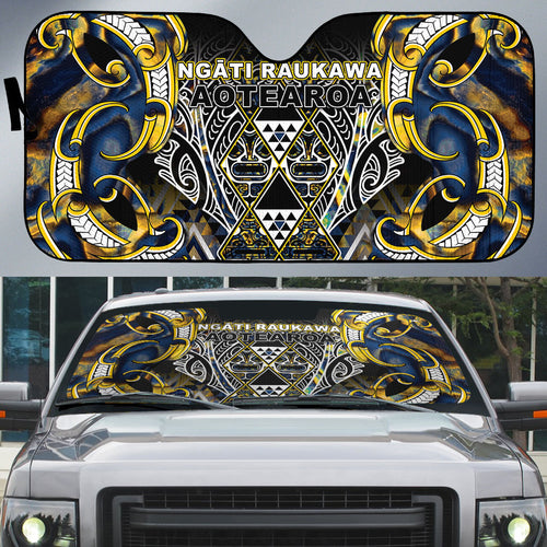 Aotearoa Ngati Raukawa Auto Sun Shade Maori Tribal Yellow And Navy Paua Shell Pattern