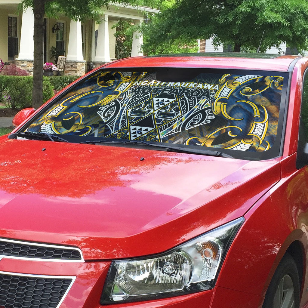 Aotearoa Ngati Raukawa Auto Sun Shade Maori Tribal Yellow And Navy Paua Shell Pattern