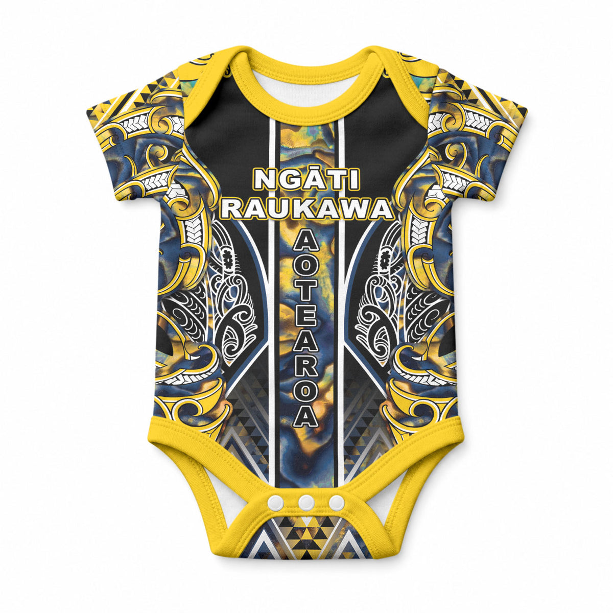 Aotearoa Ngati Raukawa Baby Onesie Maori Tribal Yellow And Navy Paua Shell Pattern