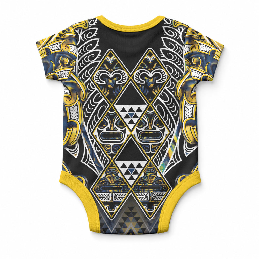 Aotearoa Ngati Raukawa Baby Onesie Maori Tribal Yellow And Navy Paua Shell Pattern