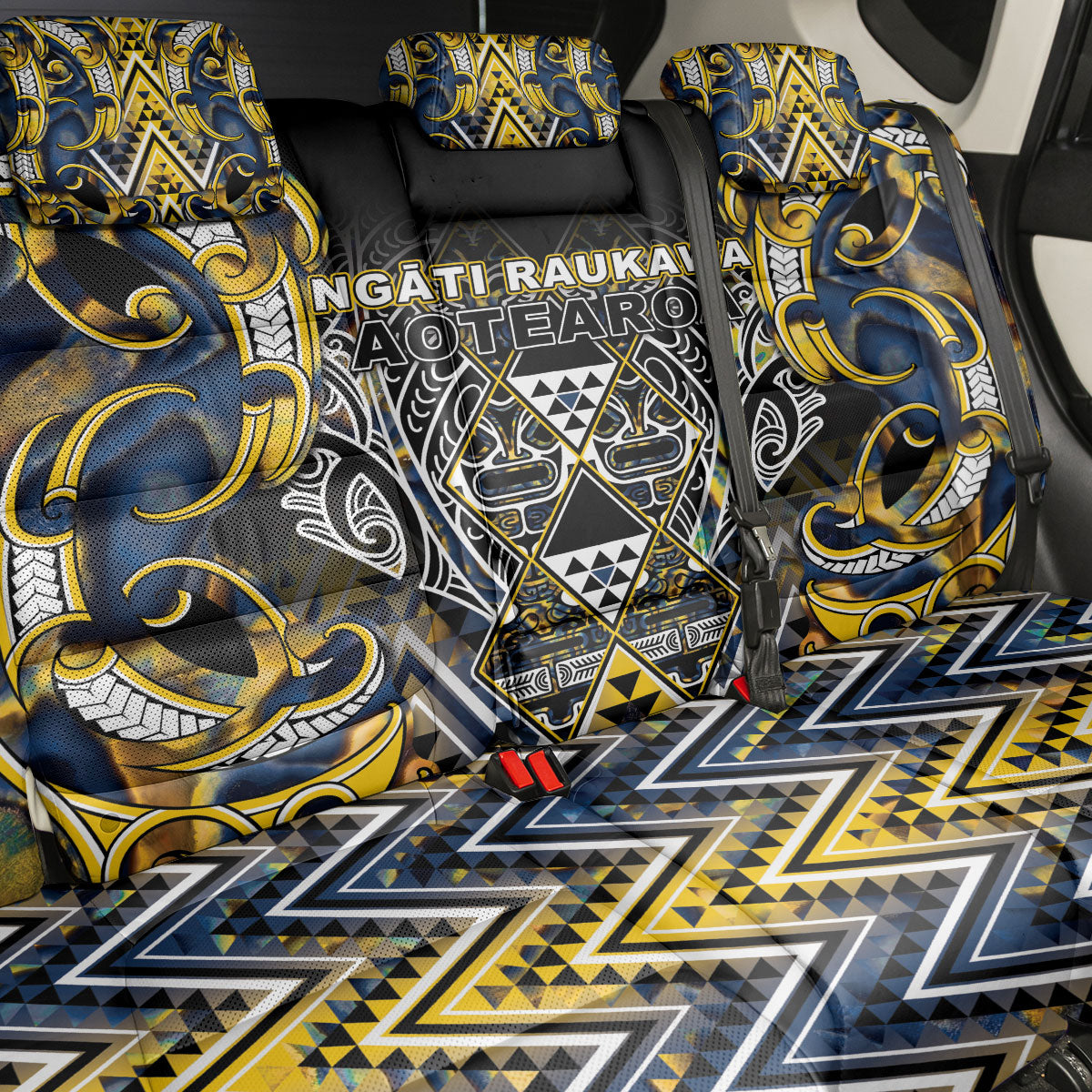 Aotearoa Ngati Raukawa Back Car Seat Cover Maori Tribal Yellow And Navy Paua Shell Pattern