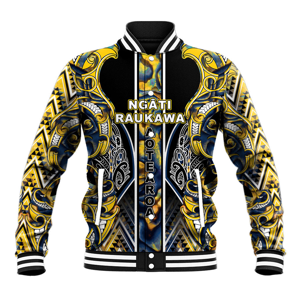 Aotearoa Ngati Raukawa Baseball Jacket Maori Tribal Yellow And Navy Paua Shell Pattern
