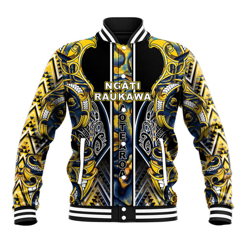 Aotearoa Ngati Raukawa Baseball Jacket Maori Tribal Yellow And Navy Paua Shell Pattern