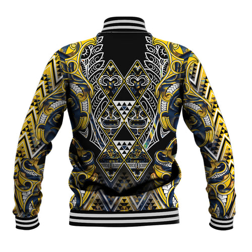 Aotearoa Ngati Raukawa Baseball Jacket Maori Tribal Yellow And Navy Paua Shell Pattern