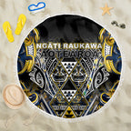 Aotearoa Ngati Raukawa Beach Blanket Maori Tribal Yellow And Navy Paua Shell Pattern