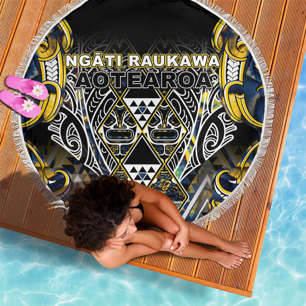 Aotearoa Ngati Raukawa Beach Blanket Maori Tribal Yellow And Navy Paua Shell Pattern