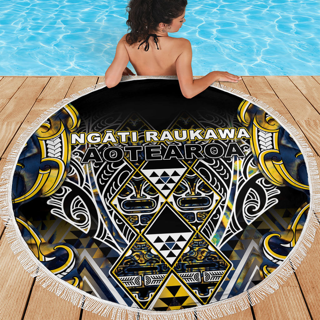 Aotearoa Ngati Raukawa Beach Blanket Maori Tribal Yellow And Navy Paua Shell Pattern