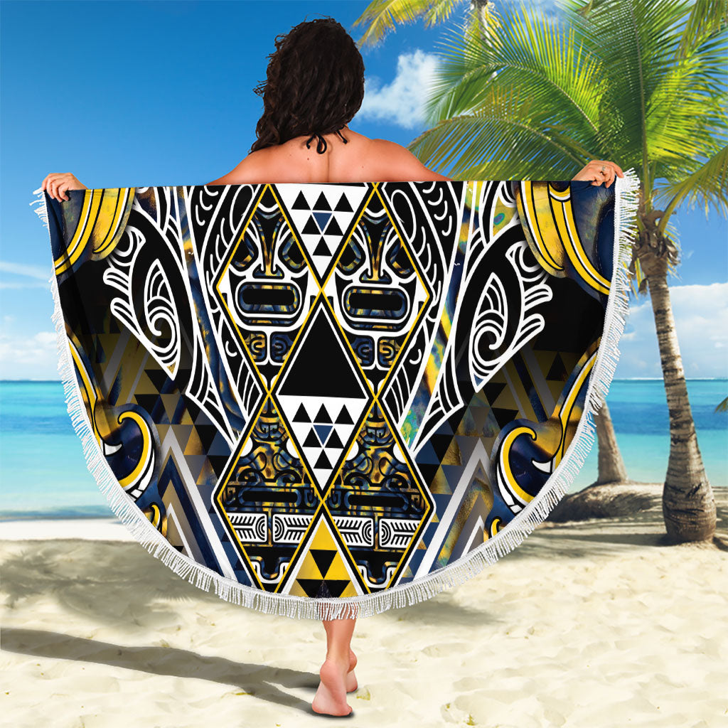 Aotearoa Ngati Raukawa Beach Blanket Maori Tribal Yellow And Navy Paua Shell Pattern
